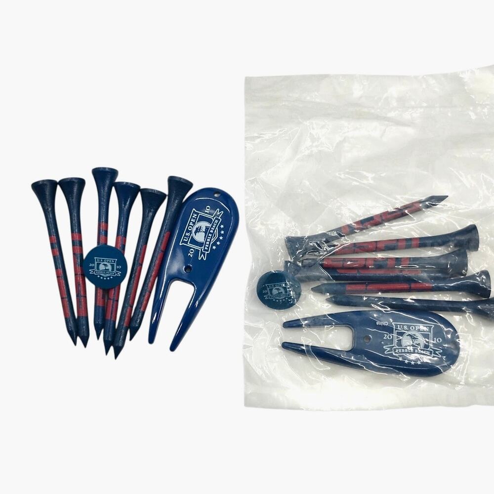 2 Sets US Open 2010 Pebble Beach Divot Tool Ball Marker Tees Blue New Sealed